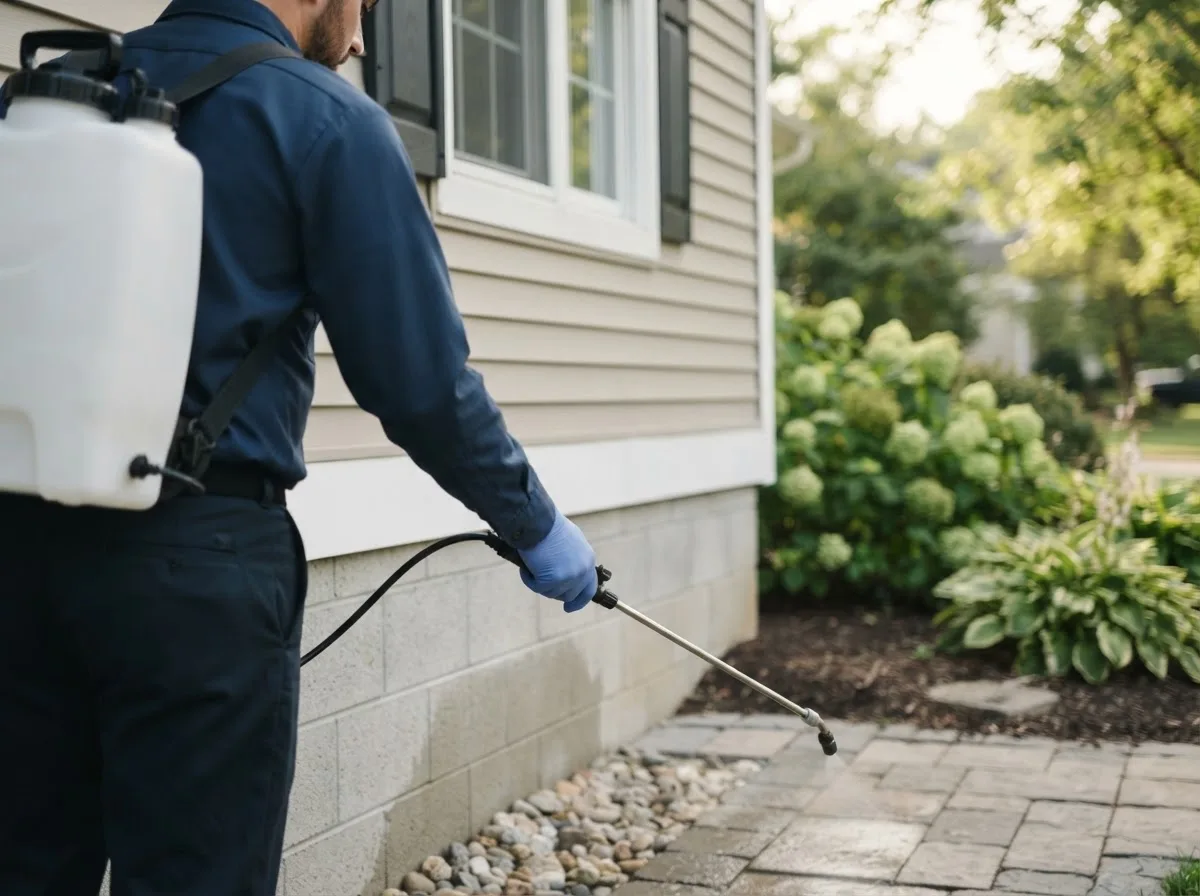 Pest control technician inspecting a home in Merritt, NC